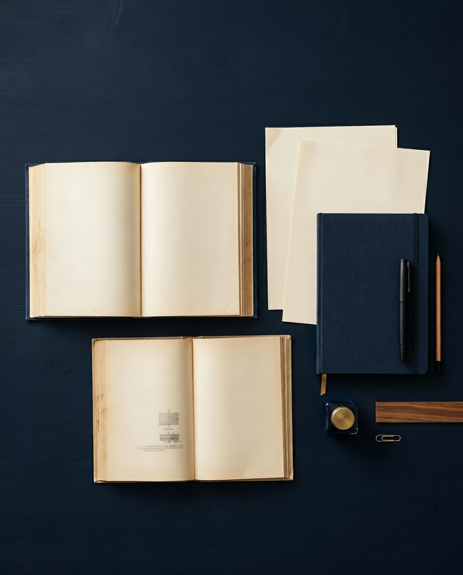 Libros abiertos, documentos y cuaderno sobre escritorio azul marino — materiales y recursos de Mónica Fonseca